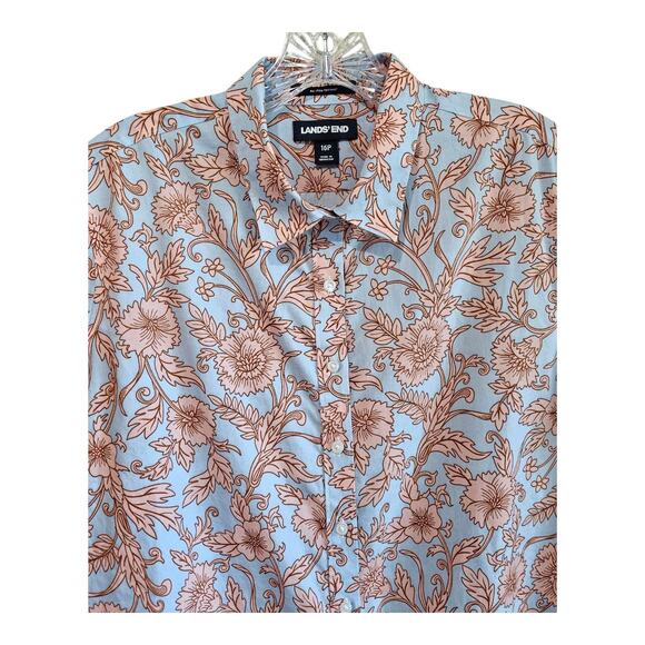 LANDS END Women Petite 16P Blouse Button Up Floral Blue Peach Supima Cotton 44" - Picture 2 of 7